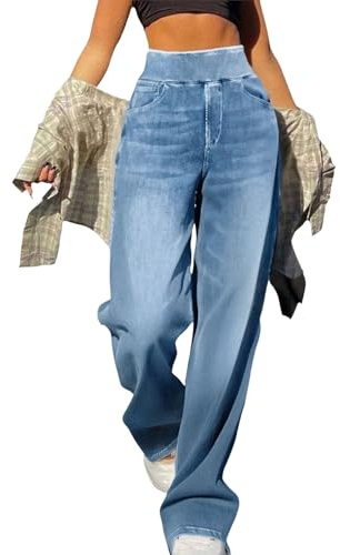 liangp Women's Jeans,Wide Leg Jeans for Women UK High Waisted Pull On Tummy Control Straight Tube Baggy Loose Fit Ladies Casual Trousers Denim Pants
