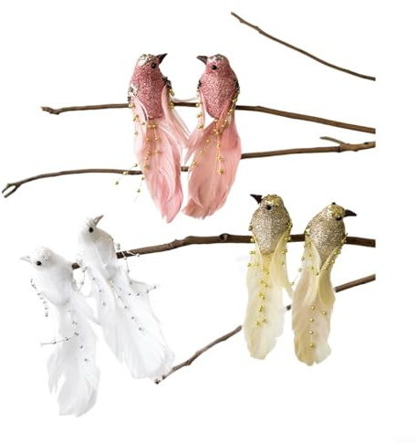 Juego de 6 adornos de pájaros de Navidad con clips, espuma blanca rosa crema y decoraciones de plumas para árbol de vacaciones, corona, guirnalda o decoración festiva del hogar, 9 cm
