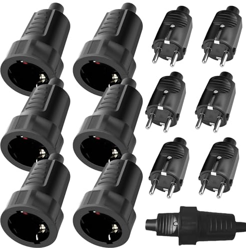 6 Paar Schuko Stecker Kupplung, 250V 16A 2-polig Gummistecker Set mit Knickschutz, Schutzkontakt Stecker und Kupplung wasserdicht für Außenbereich schwarz