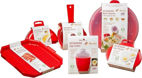 MicroEat 6-Piece Microwave Cooking Set - Includes Omelette Maker, Egg Poacher, Egg Cooker, Saucepan with Lid, Bacon Crisper and Multi Steamer BPA Free, Dishwasher Safe, Microwave Safe Made in UK Red