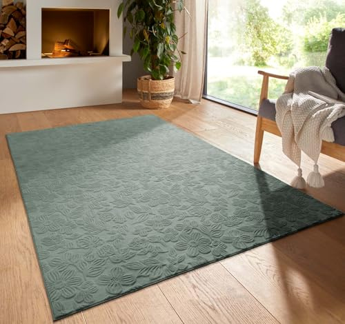 Taracarpet Kurzflor Boho Vintage Teppich waschbar, pflegeleicht geeignet für Wohnzimmer, Schlafzimmer und Kinderzimmer Kinderteppich auch als Badematte Badzimmerteppich Grün Floral 060x120 cm