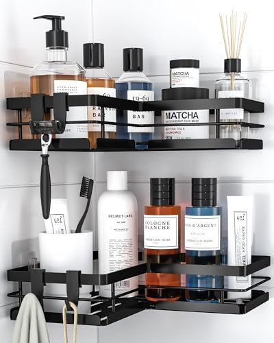 Kitsure Shower Caddy – 2-Pack Corner Shower Shelf with Quick Drain Design, Strong Adhesive, No-Drill Installation & Rustproof Finish for Bathroom, Kitchen & Laundry, Black, 20.5 x 20.5 x 5.0 cm