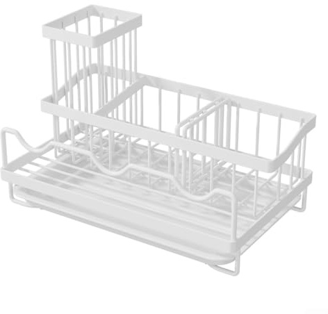 Porte-éponge pour évier avec distributeur de savon et porte-brosse pour une organisation efficace de la cuisine et un drainage rapide de l'eau (blanc)