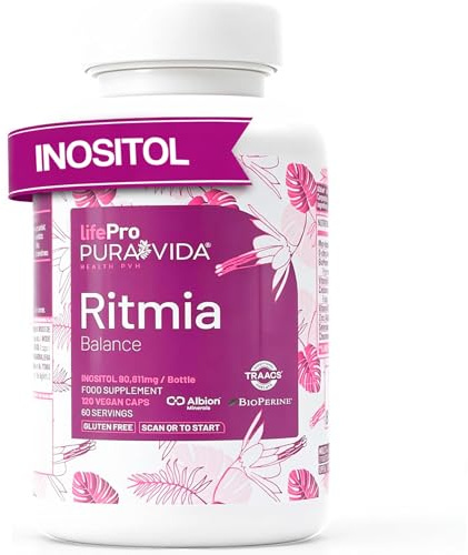 Life Pro Pura Vida Ritmia Inositol 120 Vegancaps con myo-inositol y D-chiro-inositol, vitaminas D, folato y B12, cromo, zinc y selenio; apoyo al equilibrio hormonal femenino y al metabolismo glucosa