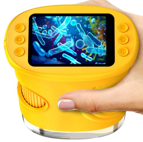 1000X Handheld Digital Microscope for Kids Pocket Magnifying Glass | 2 Screen, Portable STEM Toys for Age 5-12+Boy&Girls Birthday Gift,Photo & Video Edu Gift USB Rechargeable-Yellow