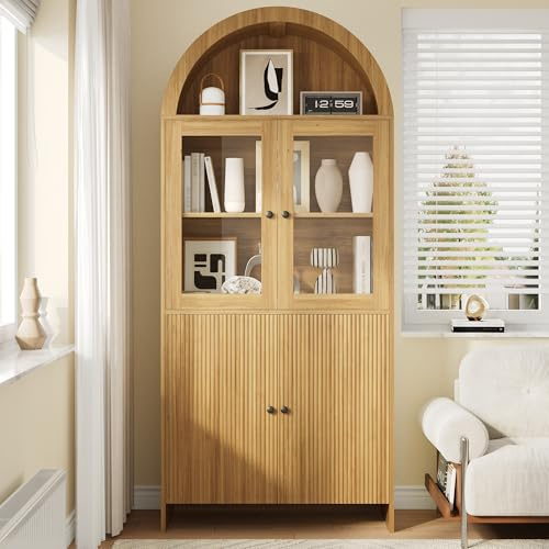Terahanda Credenza con soffitto ad arco, vetrina con ante in vetro, armadietto chiuso con motivo ondulato, armadio soggiorno