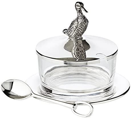 EDZARD Tarro de mermelada/azucarero Pato, con platillo, plateado, con cuchara de acero inoxidable, altura 12 cm, diámetro 14 cm, vidrio ø 10 cm