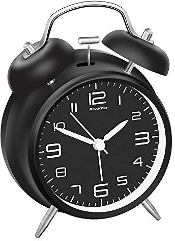 Peakeep 4 Inches Twin Bell Loud Alarm Clock for Heavy Sleepers, Backlight, Battery Operated Old Fashioned Alarm Clock for Bedrooms (3D-Dial, Black)
