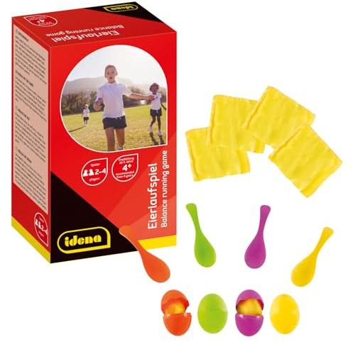 Idena 40074 - Juego de habilidad carrera de huevos, con 4 huevos y 4 cucharas, perfecto para interiores y exteriores, fiestas y festivales deportivos