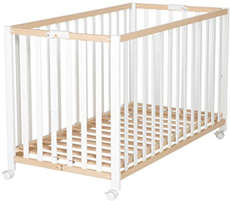 roba Klappbett Fold Up 60 x 120 - Klappbares Babybett aus Holz - 2-fach höhenverstellbar - Platzsparendes Gitterbett auf Rollen - Bio Buche bicolor