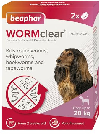 Beaphar - WORMclear® Tablets for Dogs up to 20kg - 2 Tablets - Kills All Common UK Intestinal Worms (Roundworms & Tapeworms) - Vet Strength Wormer - Pork-Flavoured - For dogs over 2 weeks old & 3kg