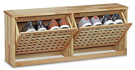 Relaxdays Schuhkipper Walnuss Schuhklapper aus massivem Holz HBT: ca. 38 x 94 x 20 cm Schuhkommode Schuhregal zur Wandmontage moderne Schuhaufbewahrung Flurmöbel Dielenmöbel, natur