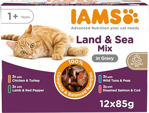 IAMS Delights Land & Sea Collection Katzenfutter Nass - Multipack mit Fleisch und Fisch Sorten in Sauce, Nassfutter für Katzen ab 1 Jahr, 12 x 85 g