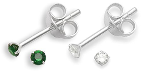 Set of 2 PAIRS Sterling Silver Cubic Zirconia stud Earrings - SIZE: TINY 2mm - Very Small & discreet - Emerald Green & Clear 5549EM