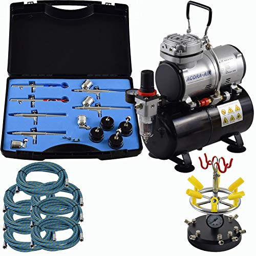 Agora-Tec® Airbrush Komplett-Set PROFI XXIV.1, Komplettsystem für Airbrushanwendungen, inkl. Kompressor mit 4 bar und 20l/min und 3 Liter Tank + 6 Airbrushpistolen mit 4 versch. Nadeln/Düsen + 8-fach Pistolenhalter + 7 Schläuche