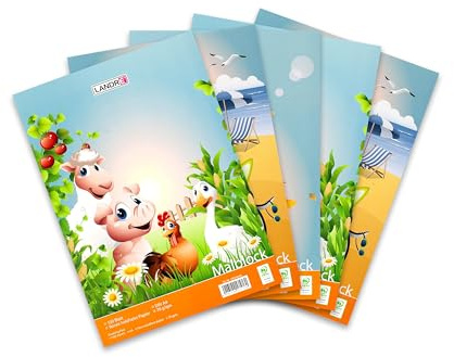 Landré Malblock A4, 100 Blatt, 70 g/m² Papier, 3 Tier-Motive, 5 Stück