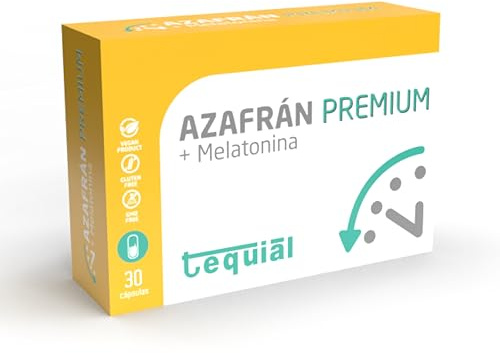 Tequial - AZAFRÁN PREMIUM | Complemento Alimenticio con Fórmula Única a Base de 200mg Azafran y Melatonina | Estrés, Ansiedad, Sueño Reparador y Salud Ocular | 30 Cápsulas | Fabricado en España