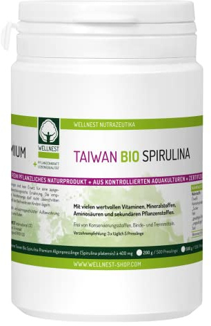 Wellnest Bio Taiwan Spirulina | Detox Superfood mit hochwertigem Protein | Blaualgen vegan | 2500 Presslinge à 400 mg
