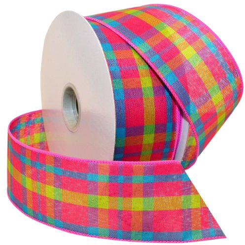 Morex Ribbon 7380 Color Chic Plaid Ribbon, 2.5 x 50 Yd, Shocking Pink/Turquoise