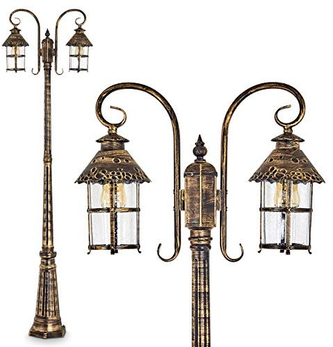 Lampada da esterno Tolep, candelabro, stile antico, fusione di alluminio in marrone/oro, paralumi in vetro, lampada da sentiero a 2 bracci, 220cm, lampada da giardino retrò, E27, IP44, senza lampadine