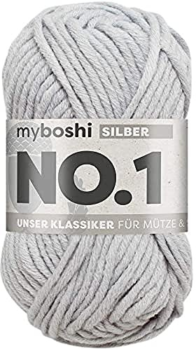 myboshi No.1-Wolle zum Häkeln und Stricken, Schnellstrickgarn, langlebige Mützenwolle, Mulesing-frei, 50g, Ll 55m Grau (Silber) 1 Knäuel