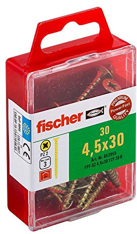 fischer Power-Fast FPF-SZ 5,0 x 45 YZP 20 B - Spanplattenschrauben mit Senkkopf und Teilgewinde, zur Befestigungen von tragenden Bauteilen in Holz, gelbverzinkt - 20 Stück - Art.-Nr. 653968