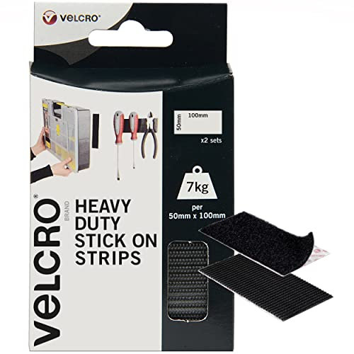 VELCRO Brand 2 strisce adesive nere adesive, 50 mm x 100 mm, a strappo, autoadesive, industriali, extra forti, resistenti, perfette per casa, ufficio e garage