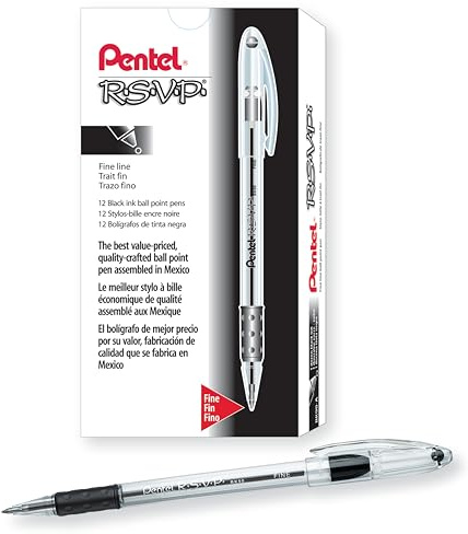 Pentel RSVP Ballpoint Pen, Fine Line, (0.7mm), Black Ink (BK90-A) (Pack of 1, 12 Count Total)