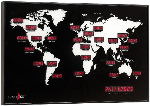 Lunartec Relojes de Pared - Reloj Mundial: Reloj de Hora Mundial Digital con 24 Ciudades del Mundo (Globo con Hora Mundial, Reloj Mundial por los Pared, Talla IP65, Relojes de Pared)