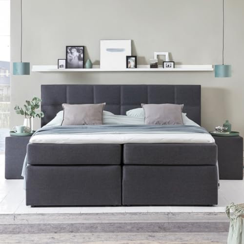 3F FURNITURE FOR FRIENDS Boxspringbett Bea 140x200 cm Anthrazit Härtegrad H3 | 7-Zonen Taschenfederkern Matratze + Visco Topper