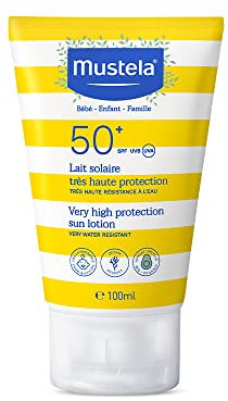 Mustela Lait Solaire Spf 50, Visage, Corps, Perséose d'Avocat, Bébé, Enfant, Toute la Famille, Convient à la Grossesse - Très Haute Protection contre les UVB et UVA (100ml)