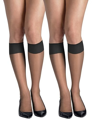 Hanes Silk Reflections Sheer Toe Silky Sheer Knee-High Stockings, Barely Black, One Size (Pack of 2)