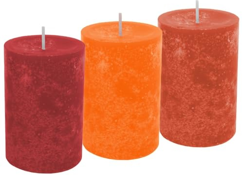 3 Stumpenkerzen Kerzen Orange Rot Mix Tischdeko Deko Kommunion Konfirmation Herbst