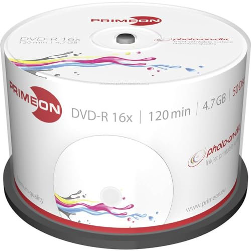 MediaCom IT-Distribution GmbH Primeon 4,7 GB DVD-R / 120 Min / 16X Cakebox (50 Discos) Superficie Foto-On-Disco, De Tamaño Completo Imprimible por Chorro De Tinta