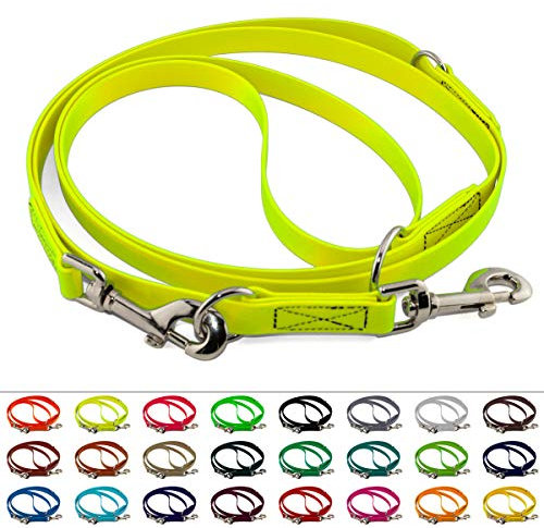 LENNIE Verstellbare BioThane Führleine, 16mm breit, 3m lang, Neon-Gelb, genäht, Doppelleine
