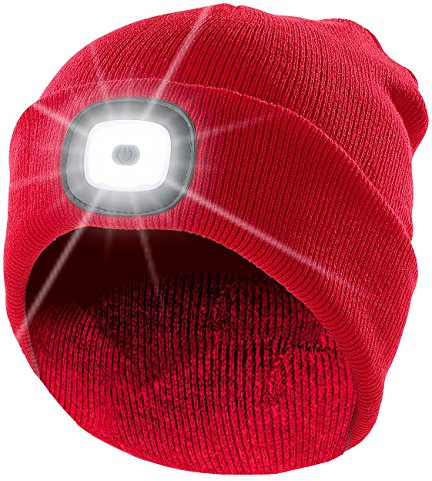 Lunartec Mütze mit Licht Aufladen: Rote Strickmütze mit weißen (vorne) & roten (hinten) LEDs (LED Mütze Aufladen, Beanie, wiederaufladbare Batterien)