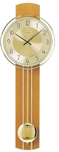 AMS 7115/9, Klassische Pendeluhr, Quarzwerk mit Pendel, Massivholz Kirschbaum, messingfarbene Zierelemente, Zifferblatt Messing Chrom, arabische Ziffern, AA Batterie, Maße: 22 x 60 x 7 cm