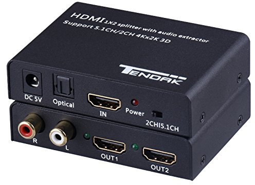 Tendak 1X2 HDMI Splitter 4K@30Hz with Audio Extractor, HDMI to Optical and R/L Audio Output, Compatible with PS5/4/3 Blu-Ray Player Fire Stick HD TV Projector