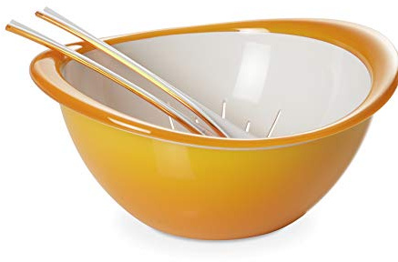 Omada Design Bol passoire et couverts à salade (3 pièces), 26 cm de diamètre, ergonomique et par le design innovant, intérieur blanc et bord extérieur coloré, Ligne Trendy,Jaune