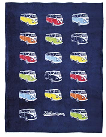 BRISA VW Collection - Volkswagen Soft Cuddly fluffy Fleece Blanket throw in T1 Bus & Beetle Design (150x200 cm/59x78.7 in.) (Bus/Parade/Blue)