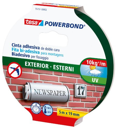 tesa Powerbond Cinta Doble Cara OUTDOOR, Cinta de Montaje para Exteriores, Resistente a los Rayos UV, al Agua y a la Temperatura, Soporta hasta 1 kg por Cada 10 cm de Cinta, 5m x 19mm