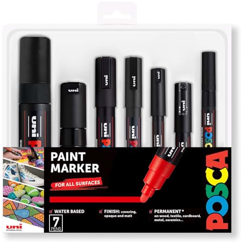 Posca Black - Full Set of 7 Pens (PC-17K, PC-8K, PC-5M, PC-3M, PC-1M, PC-1MR, PCF-350)