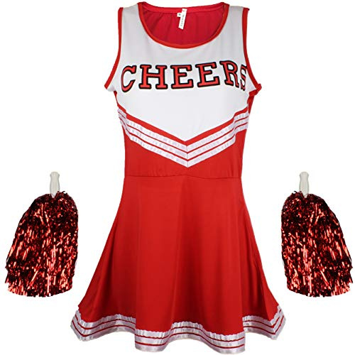 Cherry-on-Top Cheerleader Fancy Dress Outfit Uniform High School Costume With Pom Poms Red Cheerleader, Medium