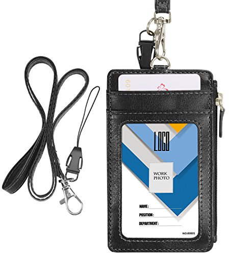 Wisdompro Badge Holder with Lanyard - Vertical PU Leather ID Card Holder with 1 ID Window, 4 Card Slots and Zippered Pocket, Double Sided – Black