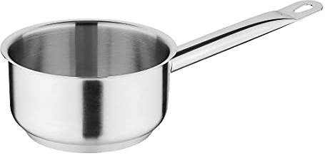 Vogue Stainless Steel Saucepan 14cm - Stay Cool Welded Handle for All Heat Sources, Including Induction, Dishwasher Safe M922 | Heavy 6mm aluminium base ensures fast, even heat retention; includes a handy pouring lip and stay-cool welded handle.