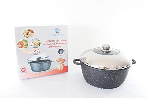 Euronovità EN-20765 Padella Casseruola pietra nera 28 cm rivestimento in pietra lavica antiaderente con coperchio in vetro