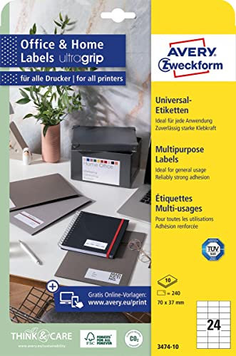 AVERY Zweckform 3474-10 Adressaufkleber (240 Klebeetiketten, 70x37 mm auf A4, bedruckbare Absenderetiketten, selbstklebende Adressetiketten mit ultragrip, ideal fürs HomeOffice) 10 Blatt, weiß