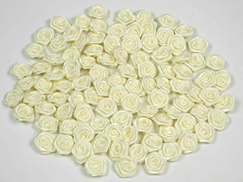 Rosen 15 mm x 100 Stück Satinrosen Aufnäher Deko Blumen Röschen zum Basteln Haarschmuck kleine Rosenköpfe Farbe: ivory/ecru 820