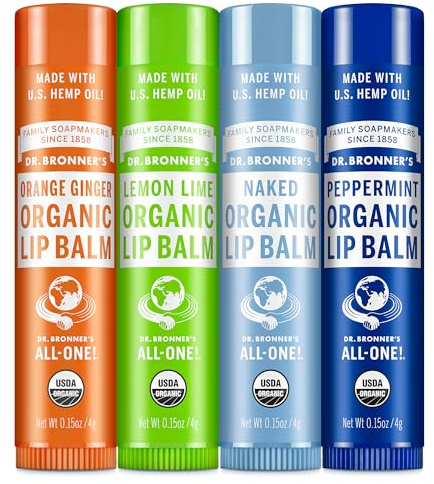 Dr. Bronner's - Organic Lip Balm Variety Peppermint, Orange Ginger, Naked, Lemon Lime) - Made with Organic Beeswax and Avocado Oil, For Dry Lips, Hands, Chin or Cheeks, 0.15 Ounce (Pack of 4)