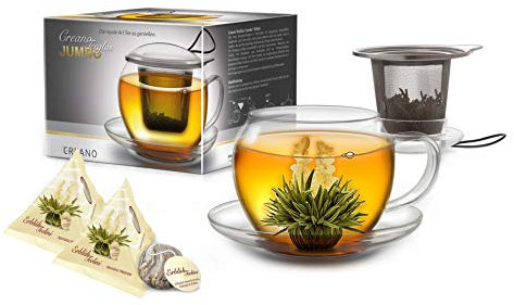 Creano Tazza da tè XXL con manico jumbo con colino integrato in acciaio inossidabile, coperchio e piattino in set con 2 'Erblühtee'lini, 450 ml Set trasparente da 3 pezzi